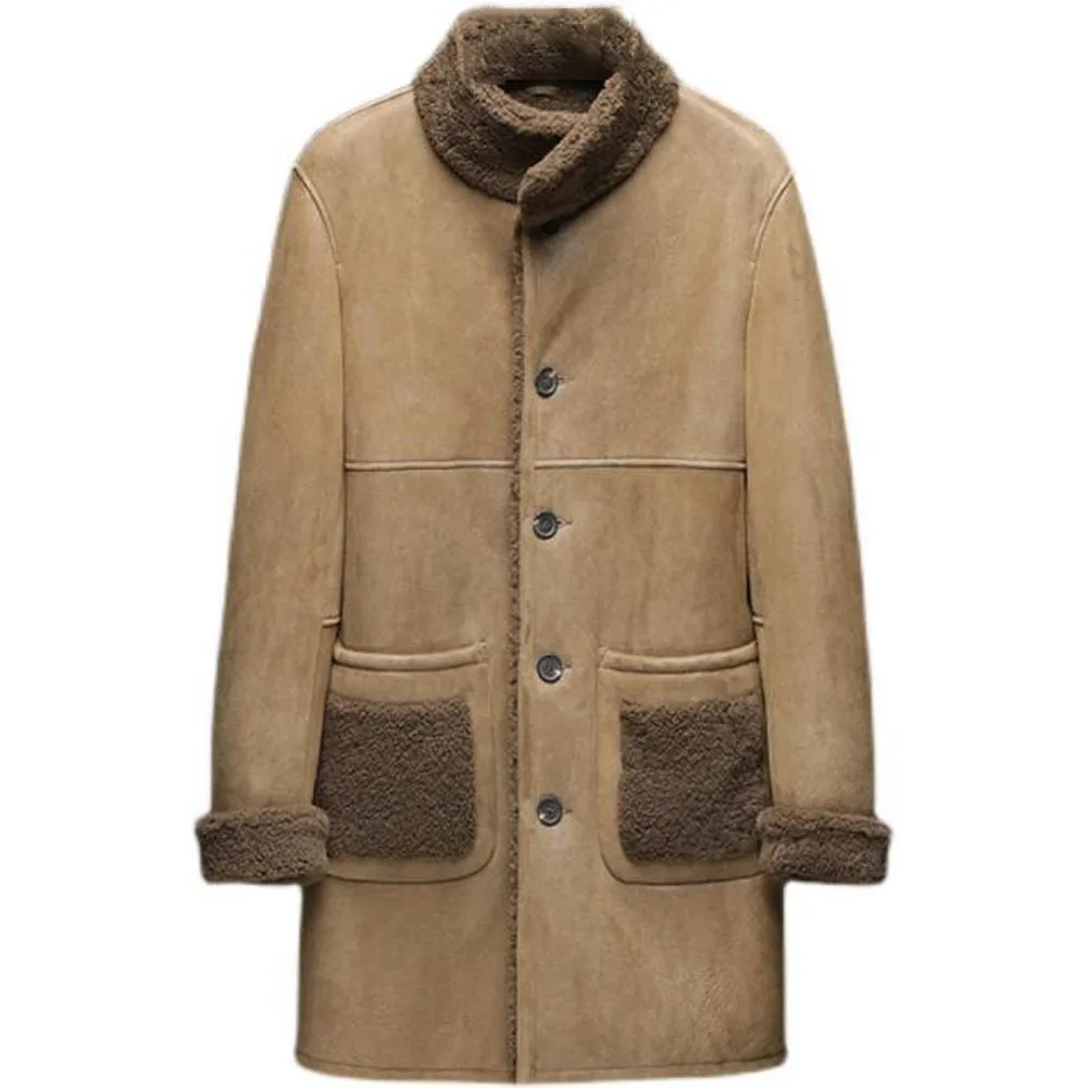 

Denny&Dora Mid-Length Sheepskin Coat For Men Khaki Shearling Jacket Wool Fur Jacket Men