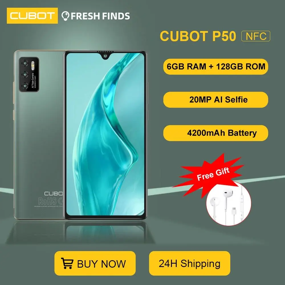 Cubot P50, 6GB RAM, 128GB ROM, 안드로이드 스마트폰, 옥타코어, 4200mAh, 6.2 인치 화면, NFC, 20MP 카메라, 휴대폰, 4G 셀룰러 