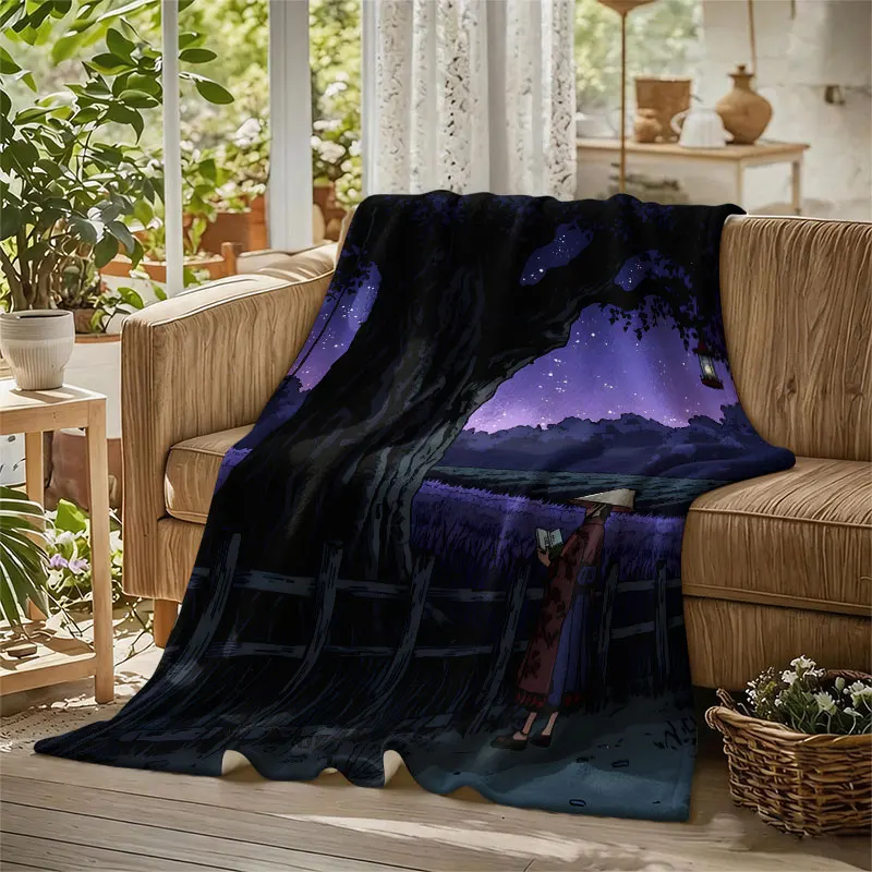 Night Glowing Meadow Flannel Blanket Perfect for Sofa Office Bed Travel Sleep Read Relax Camping Four Season Use