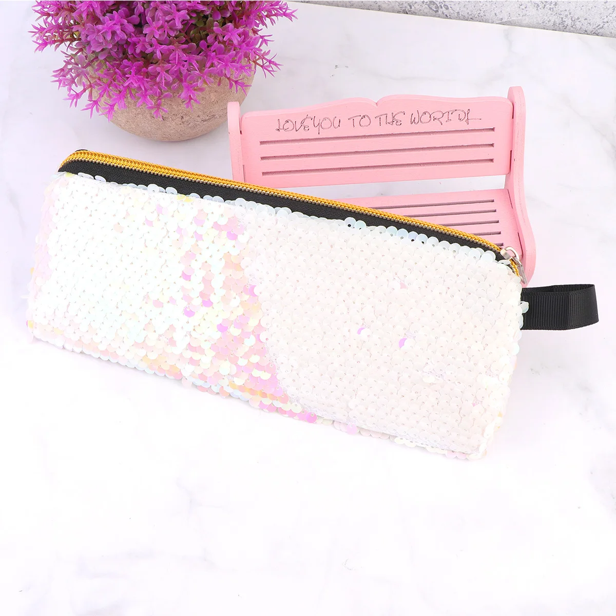 

Sequins Pencil Bag White Shiny Portable Zipper Handbag Multifunctional Pencil Case Coin Storage Pouch