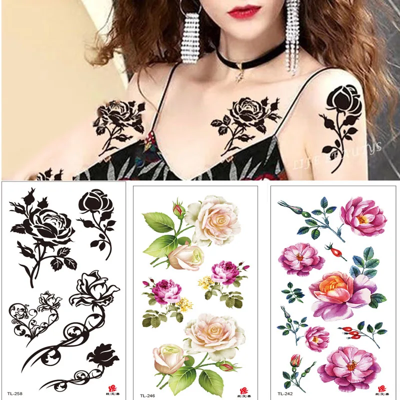 3Pcs/set Waterproof Temporary Tattoo StickerRose Flower  Flash Butterfly bird  Lace Lady Body Art Arm Fashion Fake Sleeve Women