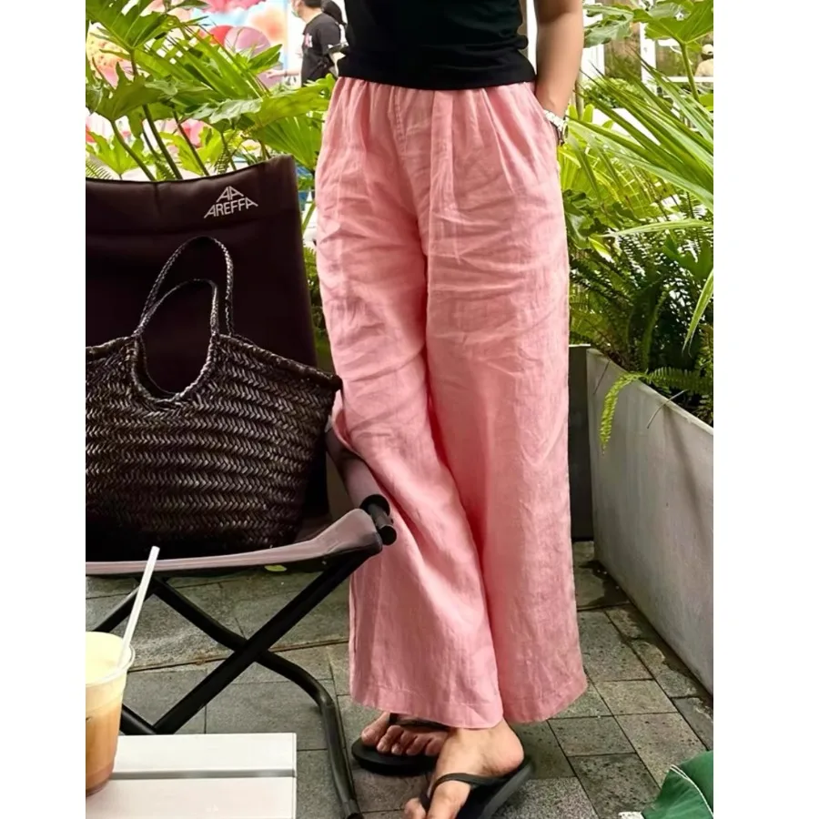 Pink Linen Casual Pants Women Comfortable Versatile Elastic Waist Wide Leg Long Pants Thin Good Quality Buckle Straight Leg