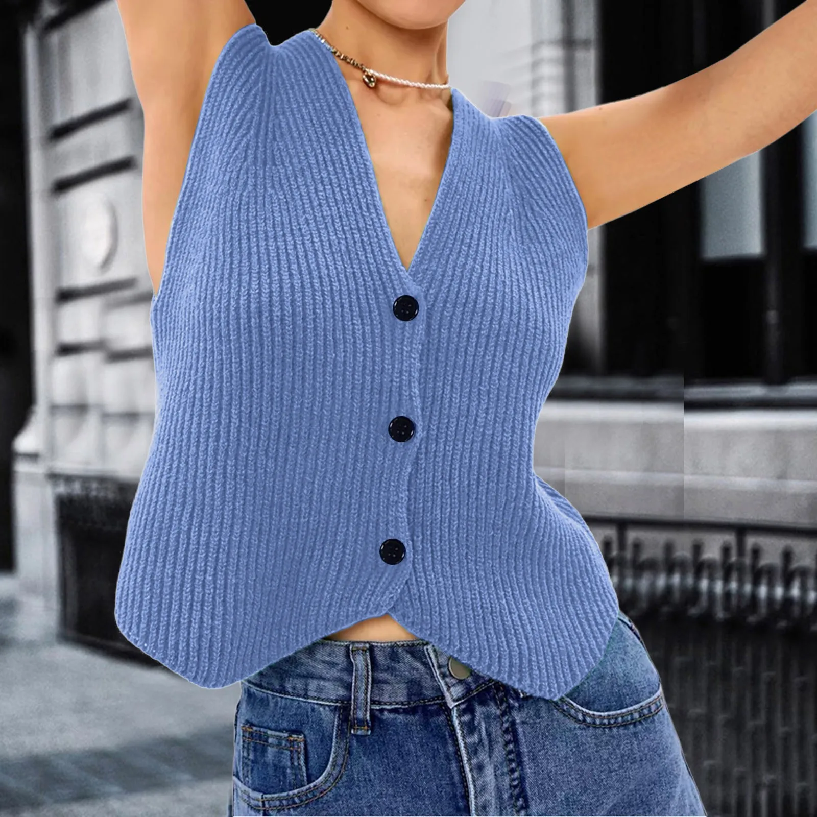 

2024 Fashion Casual Sleeveless Women Knitted Vest Loose Button Down V Neck Stripe Fashion Tops Sexy Club Party Vest Sweater