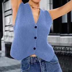 2024 Fashion Casual Sleeveless Women Knitted Vest Loose Button Down V Neck Stripe Fashion Tops Sexy Club Party Vest Sweater