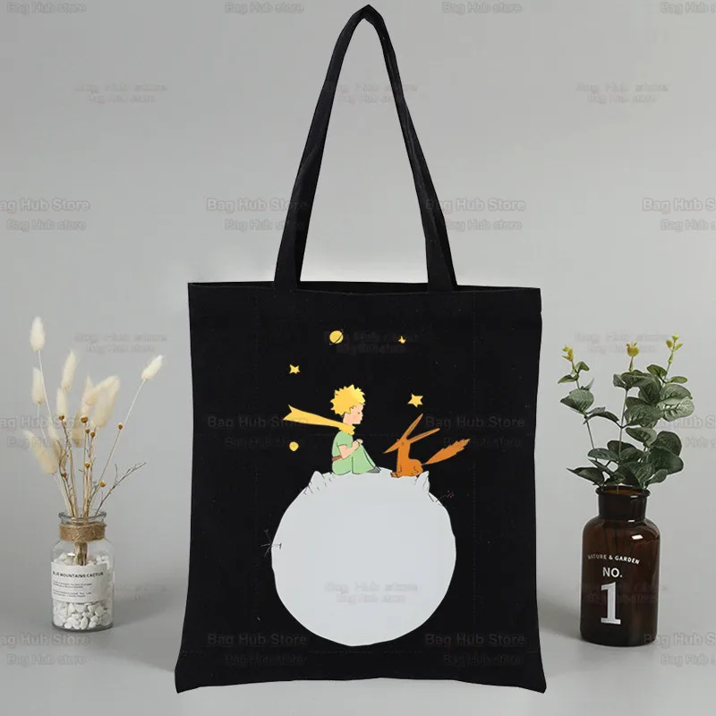 Cartoon Earth Space Little Prince Canvas Women's College Ulzzang Black Large Capacity Casual Fashion Shoulder Bags