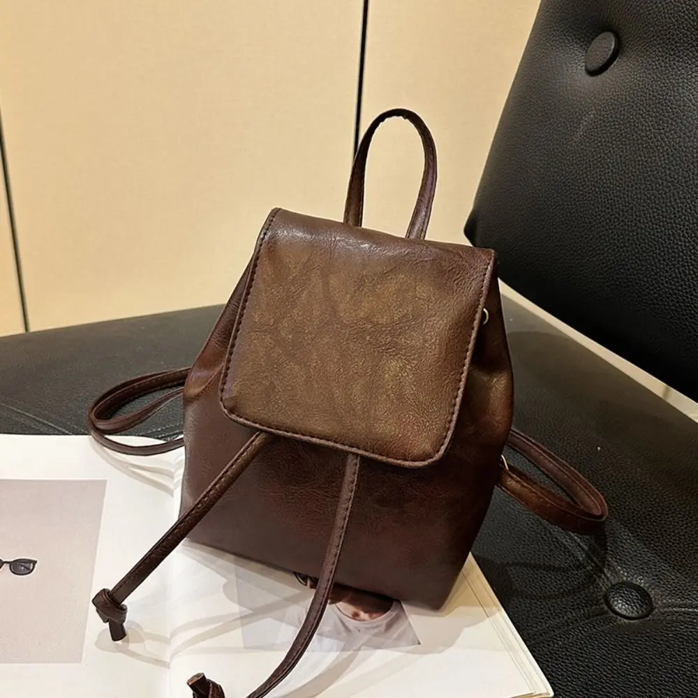 

Portable PU PU Backpack Small Pack Brown Solid Color Shoulder Bag Korean Style Handbag Retro Backpack Lady