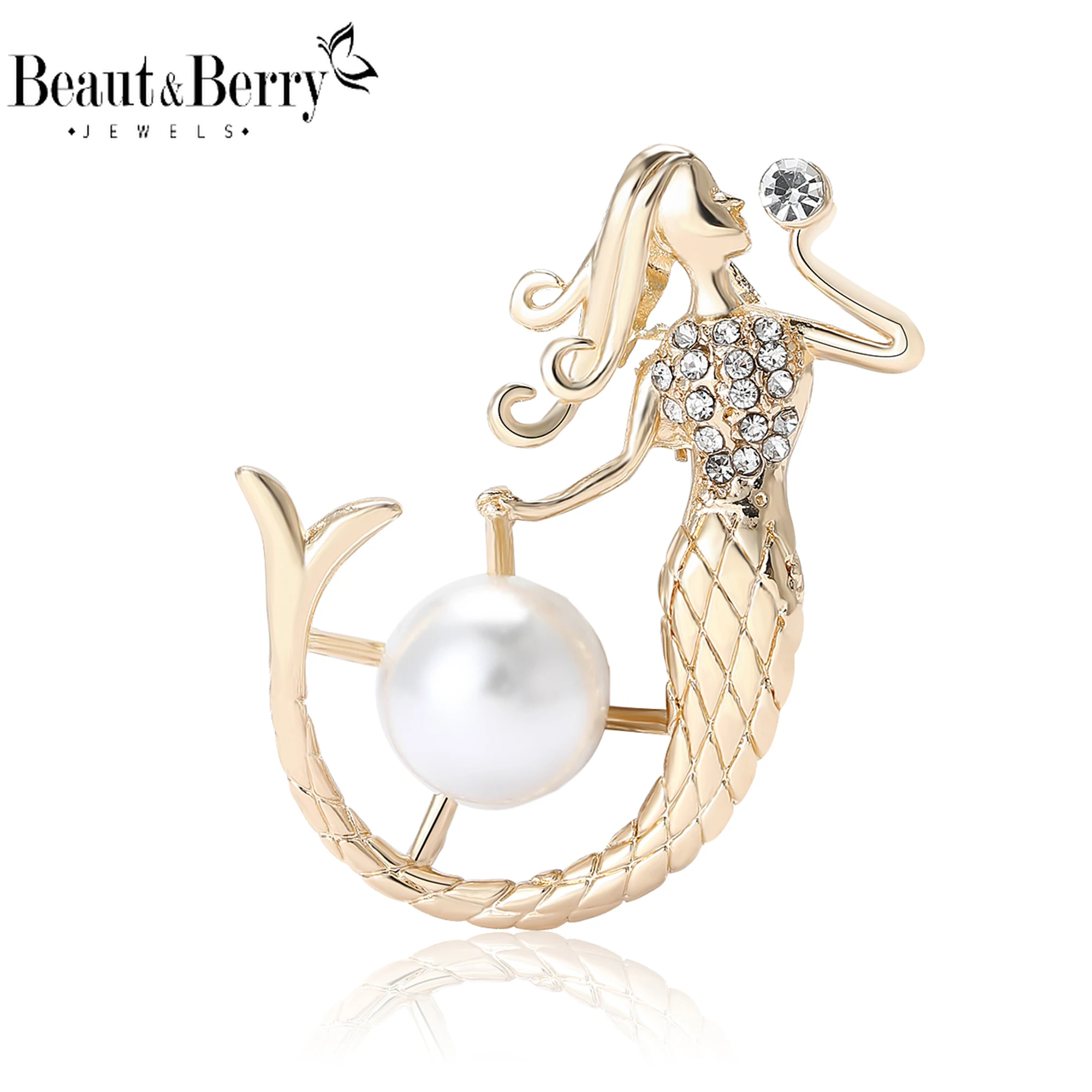Beaut&Berry Trendy Exquisite Pearl Mermaid Brooches for Women Character Pins Friends Party Gifts Banquet Jewellery Accessories