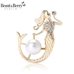 Beaut&Berry Trendy Exquisite Pearl Mermaid Brooches for Women Character Pins Friends Party Gifts Banquet Jewellery Accessories