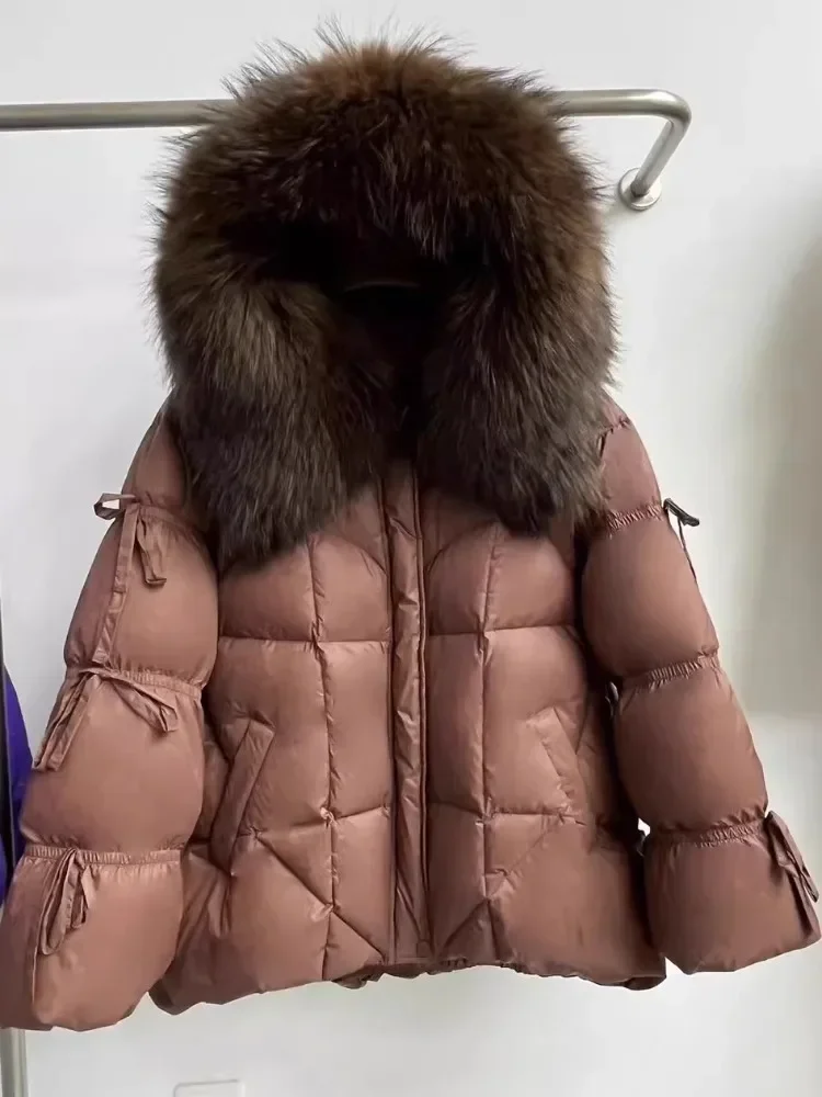 

Hooded Mid Long White Goose Down Jacket Warm New Winter Women Reality Thick Fur Jacket Knitted Sleeve Parka Large Real Fur Coat