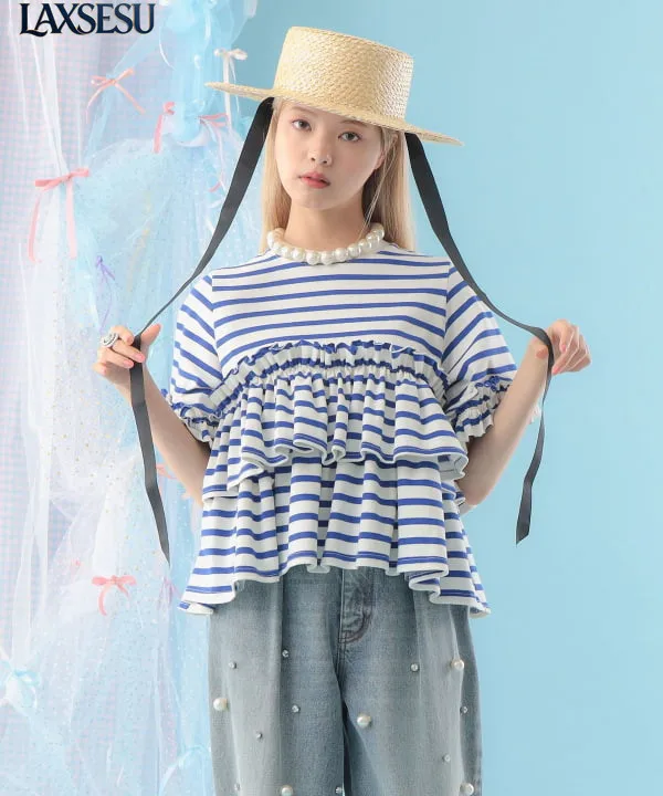 Striped Tees Crew Neck Short Sleeved T-shirt with Ruffled Edges Casual Loose Tshirt Fashion Japanese Style Summer Women's Tops