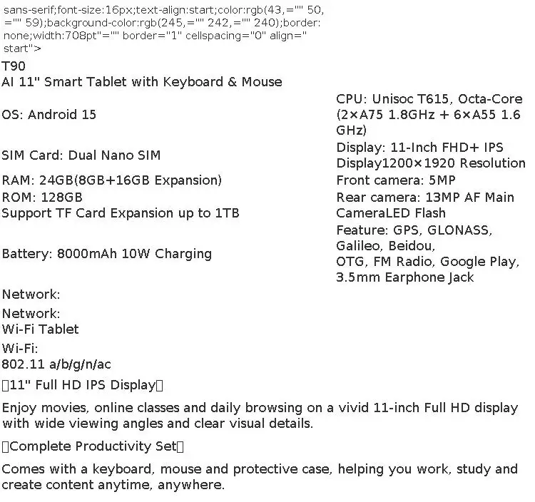KINGRID T90 Android 15 Tablet PC with BT Keyboard,Mouse - Gemini AI, 24GB (8+16)RAM 128GB ROM, Octa Core T615, Gaming Tablet 11 Inch