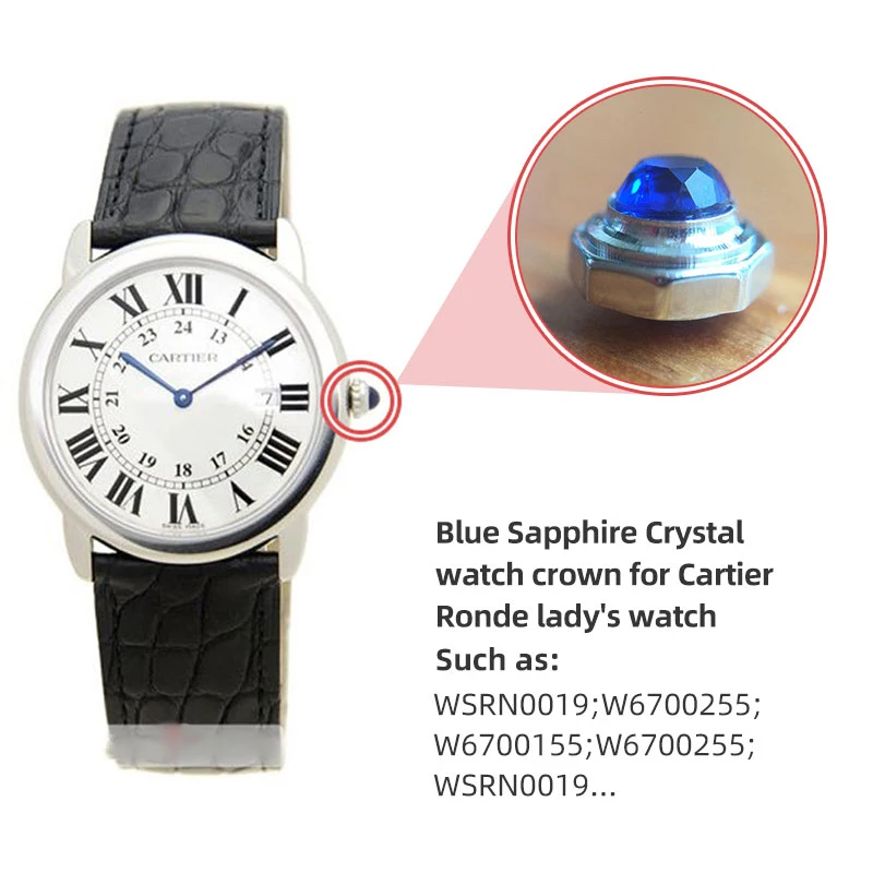 Blue Sapphire Crystal Steel Watch Crown for Cartier Ronde lady\'s Handle Automatic Watch Parts Tools