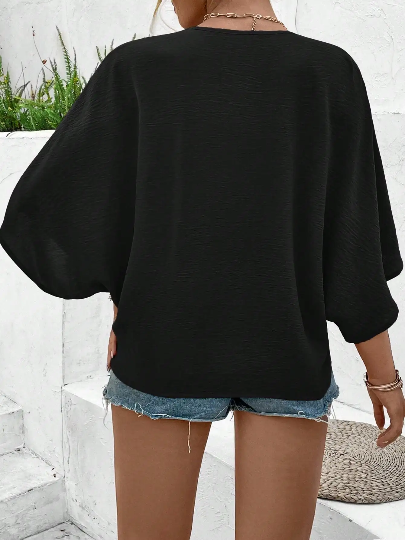 

Women's Black V-Neck Loose Batwing Sleeve Button Front Blouse Casual Summer Top