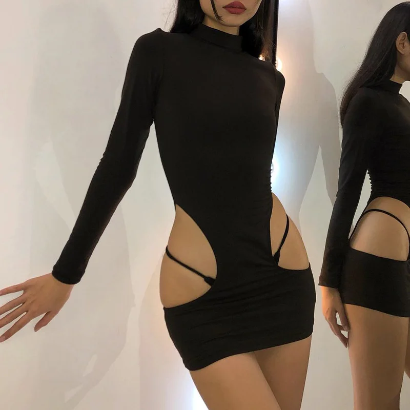 Autumn Winter Bodycon Mini Dress Cutout Long Sleeves Clothing Sexy Streetwear Party Womens Dresses Female