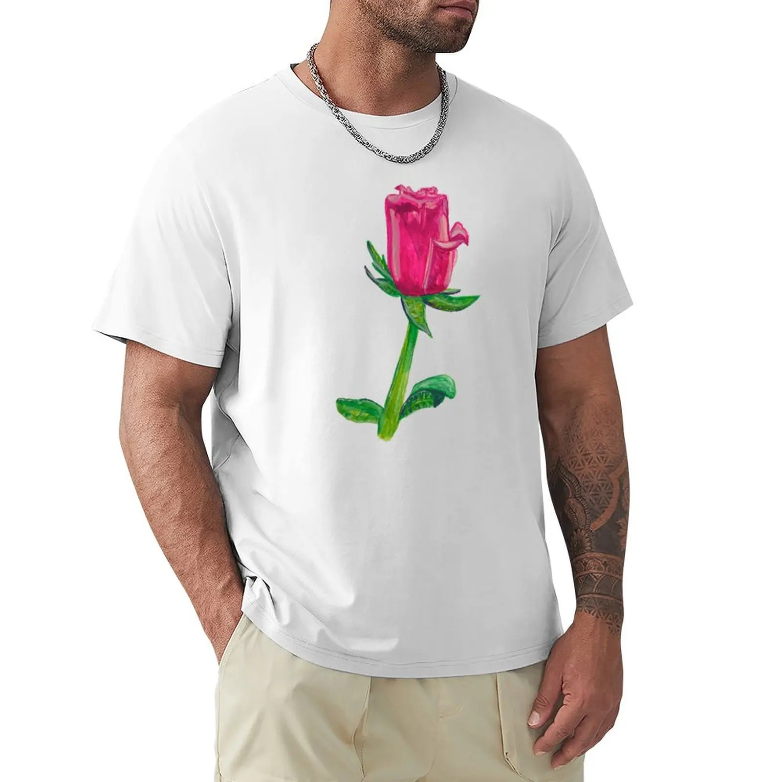 Pink rose in gouache T-Shirt boys animal print anime clothes sublime hippie clothes men clothes