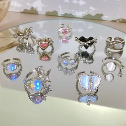 LOVE Heart Open Ring for Women Kpop Geometric Crystal Ring Moonstone Gothic Finger Ring Y2K Accessories Trendy Wholesale Jewelry