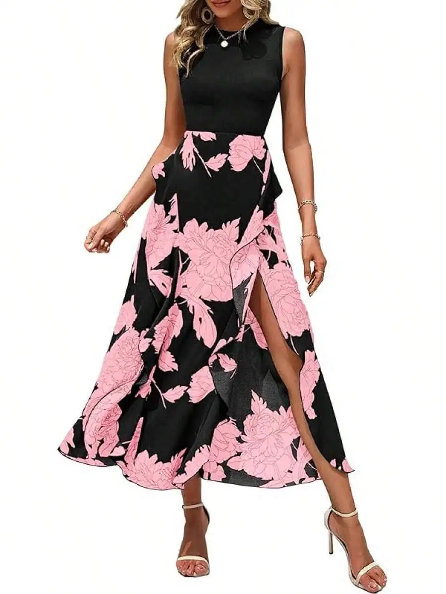 

Women Sleeveless Crew Neck Boho Floral Midi Dress With Ruffle Asymmetrical Split Hem