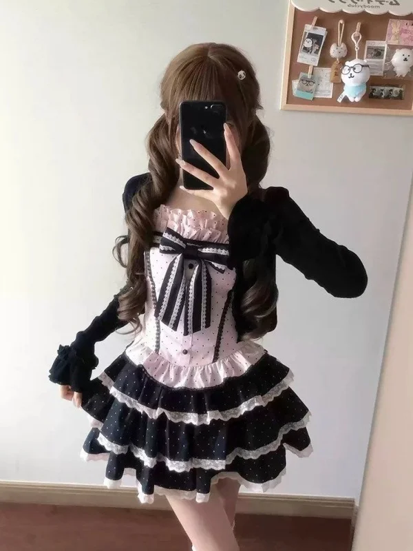 Sweet Small Size Pure Desire Three Piece Set with Bow Tie Halter Top Half Skirt Open Cardigan Women's Fashion Ensemble