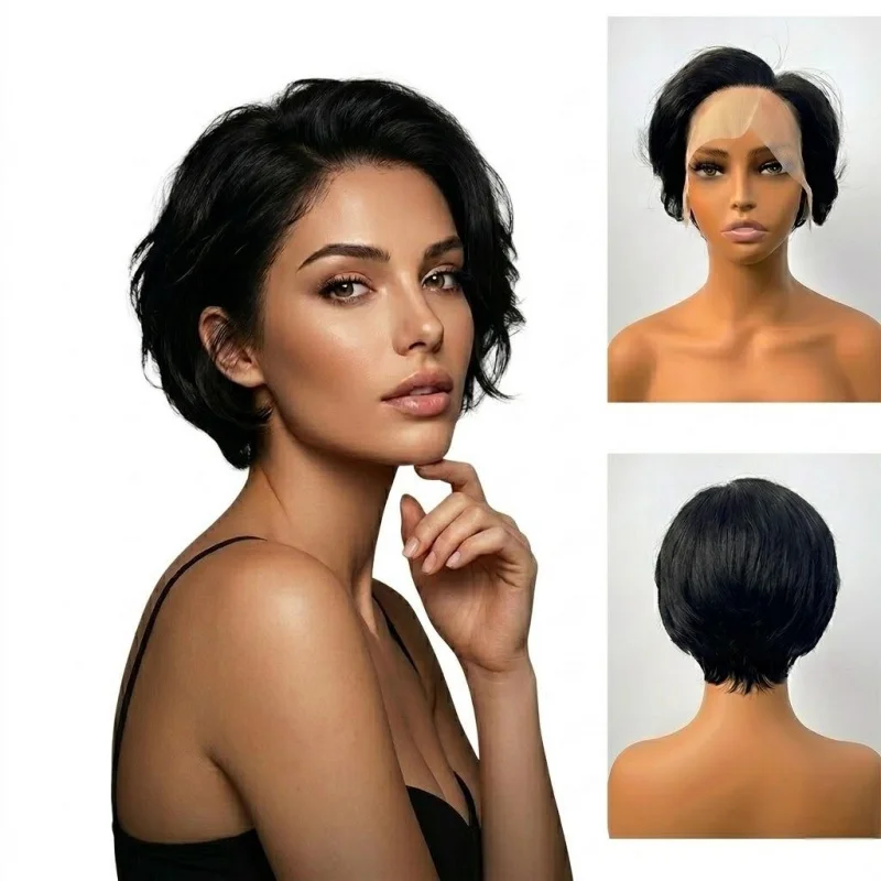 

8 Inch Natural Black Pixie Cut Synthetic Wig 13x4 Lace Front 150% Density Pre Plucked Straight Glueless Bob Wig for Black Women