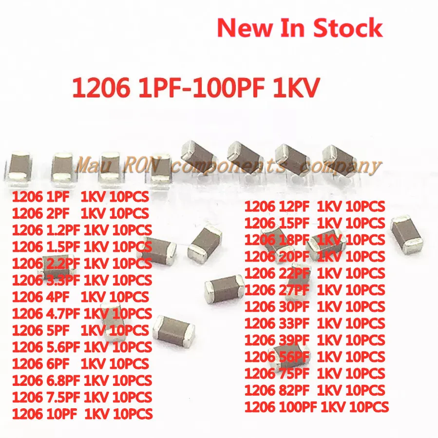 270PCS/LOT SMD ceramic capacitor 1206 1PF-100PF 1KV 1000V  1PF 5PF  10PF 22PF 33PF 82PF 6.8PF 56PFNPO C0G high voltage capacitor