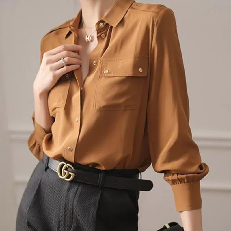 Summer Women's Shirt Double Pocket Long Sleeve POLO Collar Single Breasted Loose Solid Professional Commuter Retro Top A264