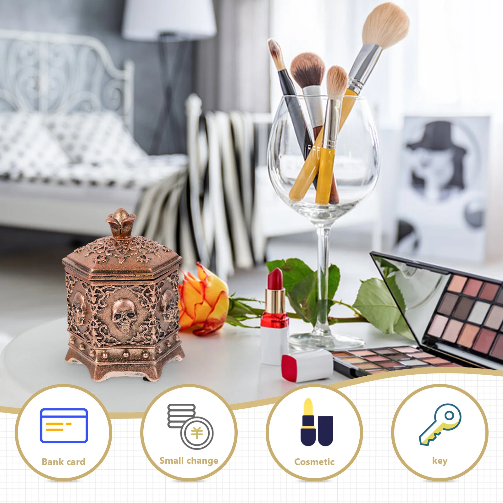 1Pcs Resin Skull Jewelry Box Hexagon Shape Golden Jewelry Organizer Holder Storage Container Vintage Storage Holder