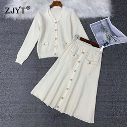 ZJYT Autumn Winter Long Sleeve Cardigan Knitted Sweater Skirt Sets Two Piece Womens Outfits Long Sleeve Vintage Dress Set Suits