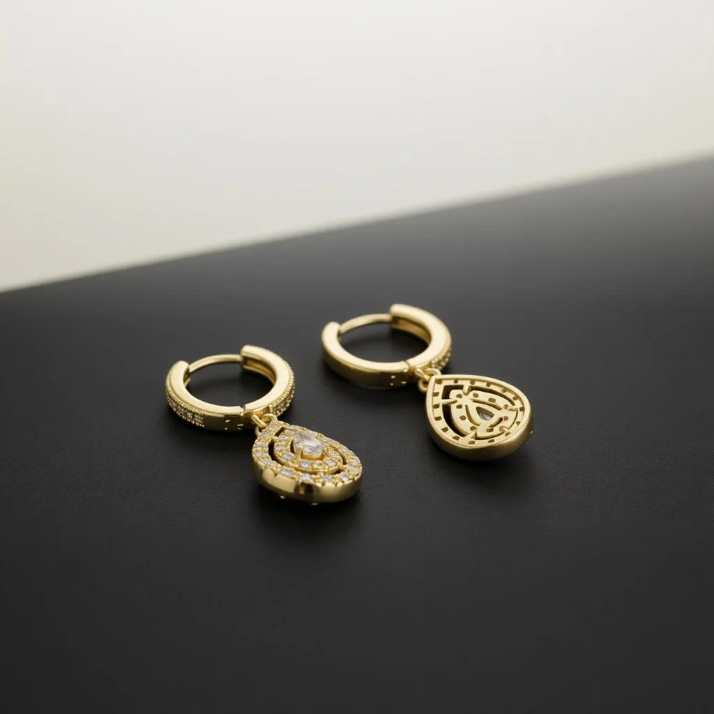 Gold Tone Teardrop Hollow Dangle Huggie Earrings for Women, Marquise‑Center Pave Zircon Drop Clips, Vintage Daily Fashion