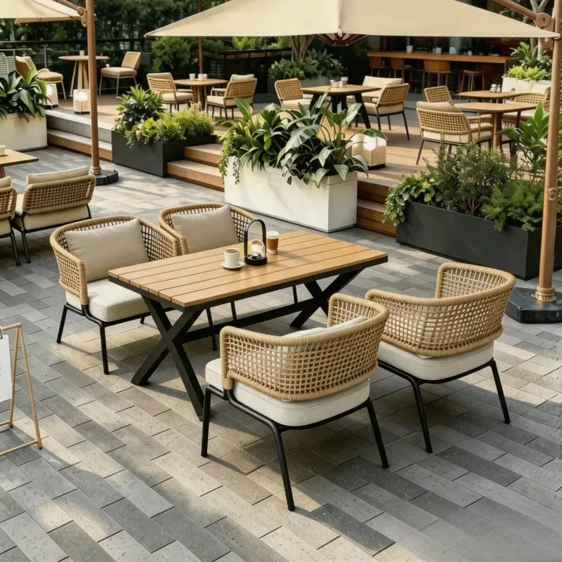 Caf Outdoor Plastic Wood Frame Rattan Woven Comfortable Waterproof Table Chair Garden Set