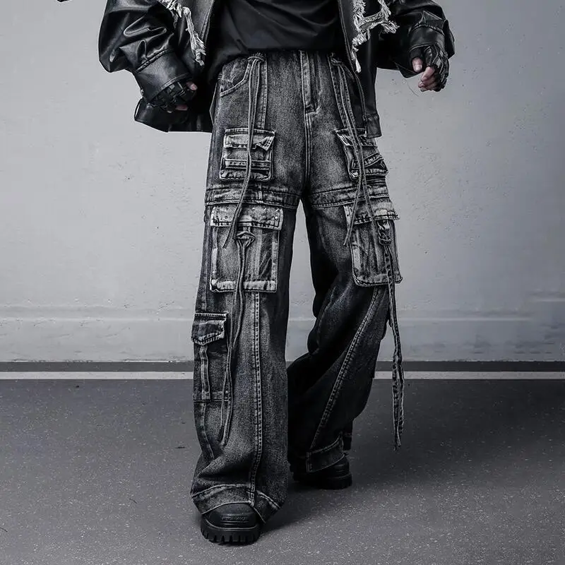 MWJLPWQ Uique Washed Vintage Punk Rivet Jeans Men's Fuctional Multi-Pocket Streetwear Tide Loose Straight-Leg Cargo Pants 12092