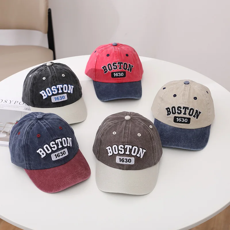 

BOSTON Vintage Patchwork Kids Baseball Caps Spring Autumn Boy Girl Outdoor Travel Sunscreen Peaked Hats Adjustable Children Hats