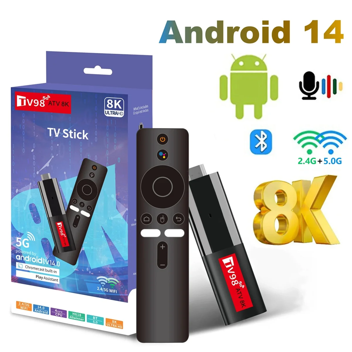 M18K-Android14 ATV Smart TV Stick Allwinner H618 Support 8K Video 2.4/5G Wifi6 Voice Remote Mini TV Box Portable Player