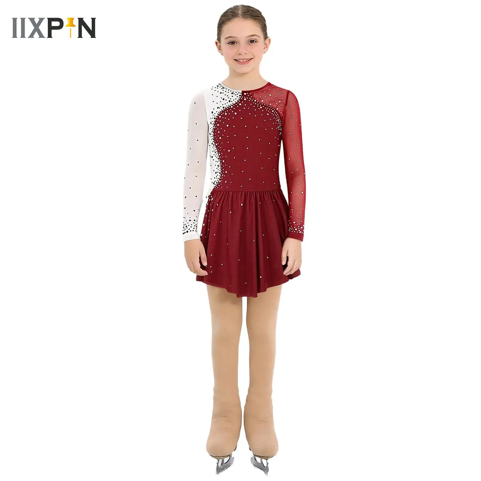 

Kids Girls Long Sleeve Mesh Figure Skating Dress Rhinestone Dance Competition Costumes Performance Ballet Tutu Dress with Tights