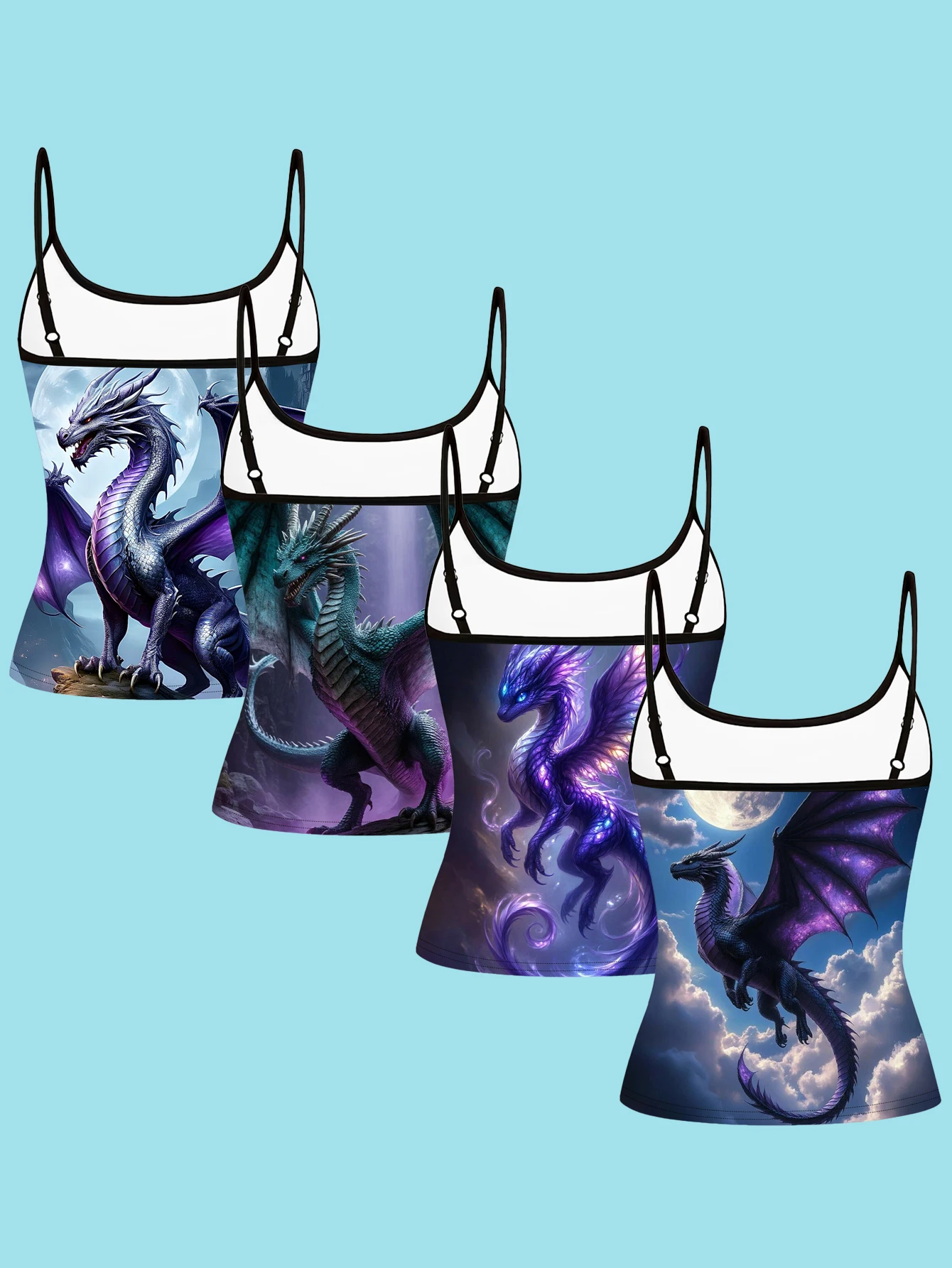 4-Piece Fantasy Amethyst Dragon-Themed Camisole Set with Star and Moon Sky Dragon Pattern, Slim-Fit Women's Inner Tank Top