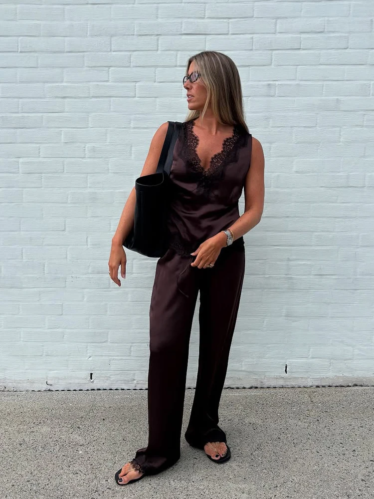 Elegant Women Brown Satin Long Pant Set Lace Trim V-neck Crop Top Drawstring Wide Leg Pants Casual Lady Daily Matching Suit
