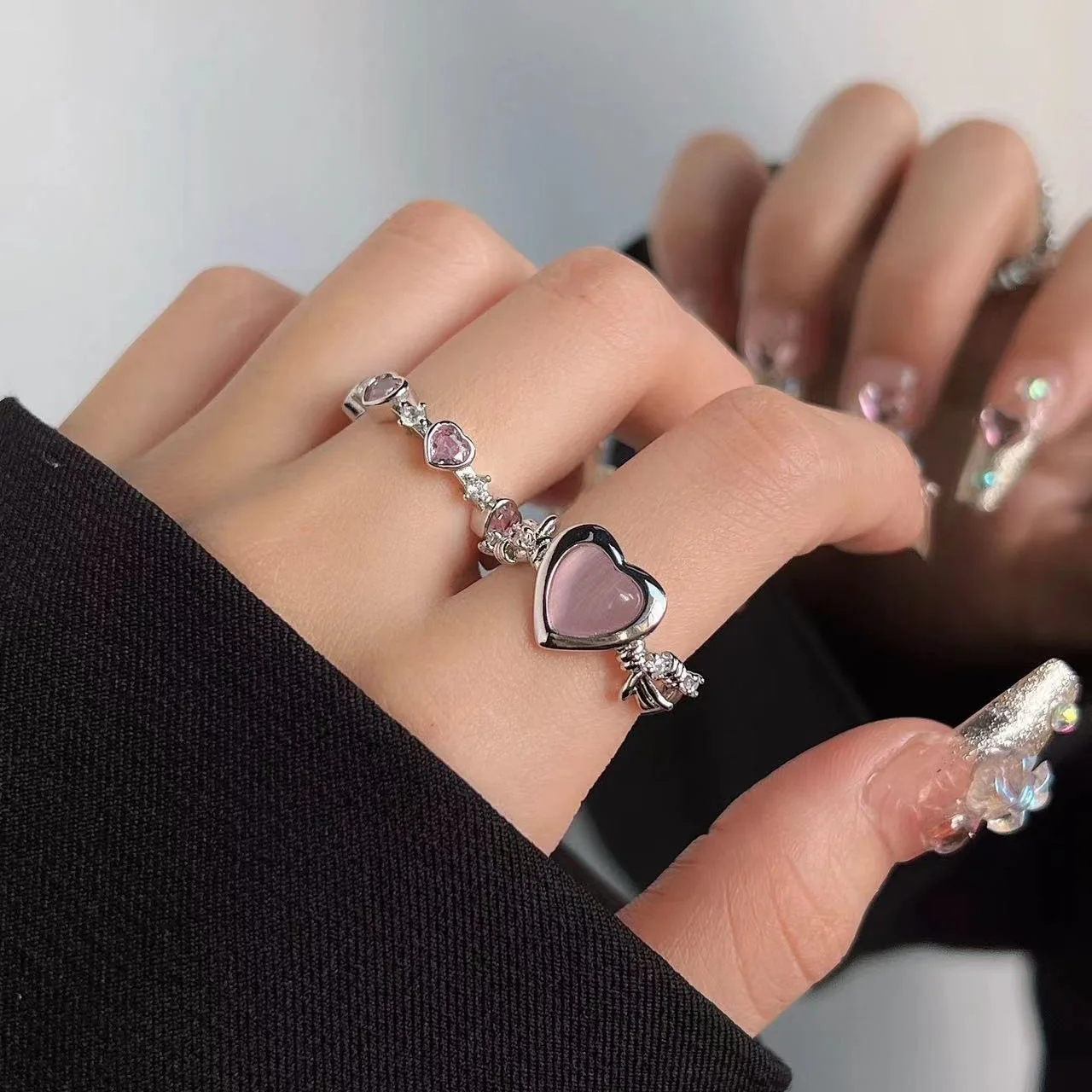 

DUTRIEUX Y2K Pink Crystal Irregular Heart Ring Vintage Shiny Zircon Opal Love Open Ring for Women Kpop Punk Girl Party Jewelry