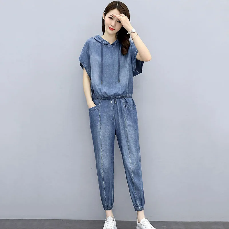 2025 New Summer Women Hooded Denim Two-Piece Suit  Fashion Blast The Street Sportswear Female Casual Loose 2 Piece Set Female