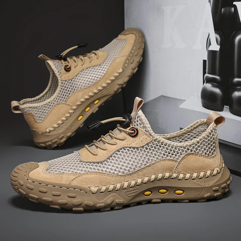 

Fashion Outdoor Work Shoes Breathable Mesh Sneakers Anti-Slip Wear Resistant Hiking Shoes Handmade Stitched Casual Male Shoes