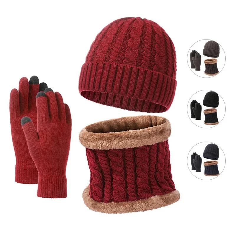 Ensemble de gants et écharpe en acrylique pour hommes et femmes, bonnet doublé, écran tactile, chaud, sourire, cou, cyclisme, hiver, 3 en 1