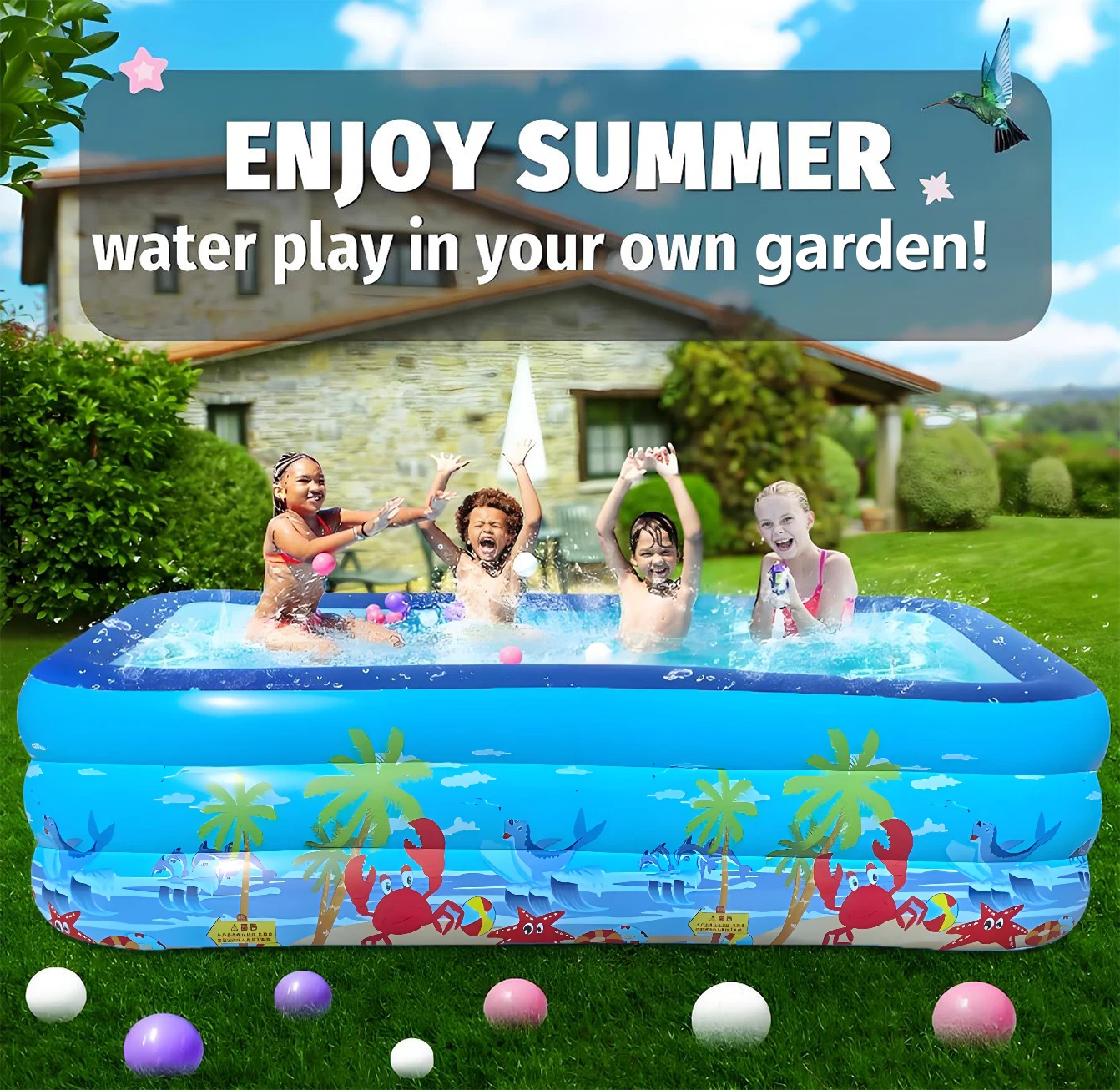 

200cm 300cm Big Capacity Family Inflatable Pool, Blow Up PVC Swimming Pool for Indoor Outdoor Camping Backyard Water Party