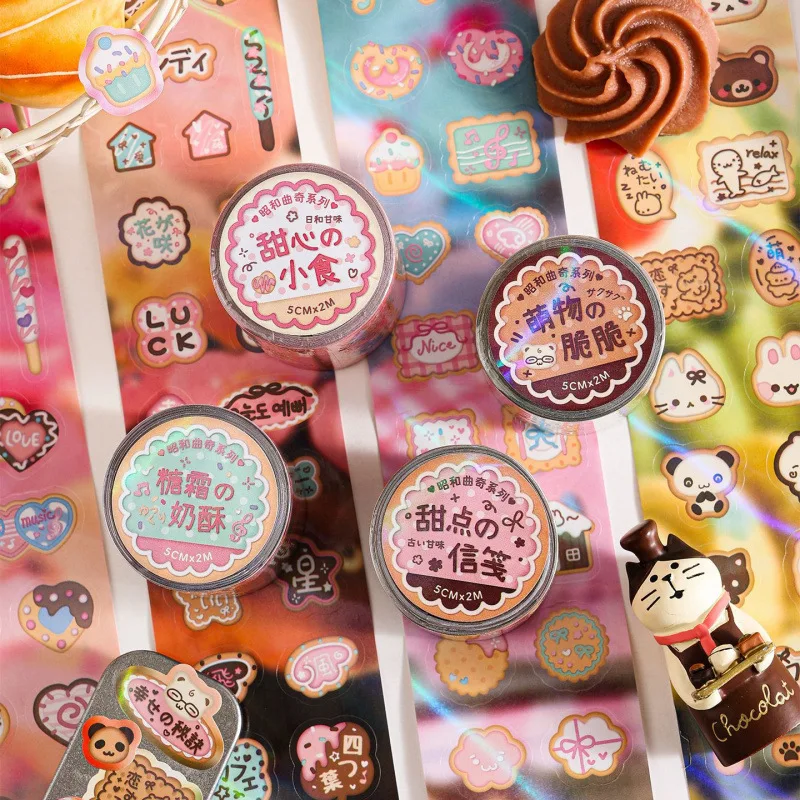 Kawaii Retro Cookie Series Diary Decorative Tape Japanese Cartoon Kitten House Food DIY Stickers for Kids Journal Scrapbook