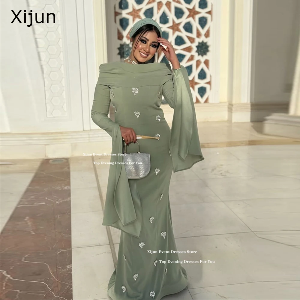 

Xijun Modest Sage Green Long Evening Dresses Luxury Full Sleeves Dubai Prom Dresses Crystal Pleated Muslim Prom Gowns Customized