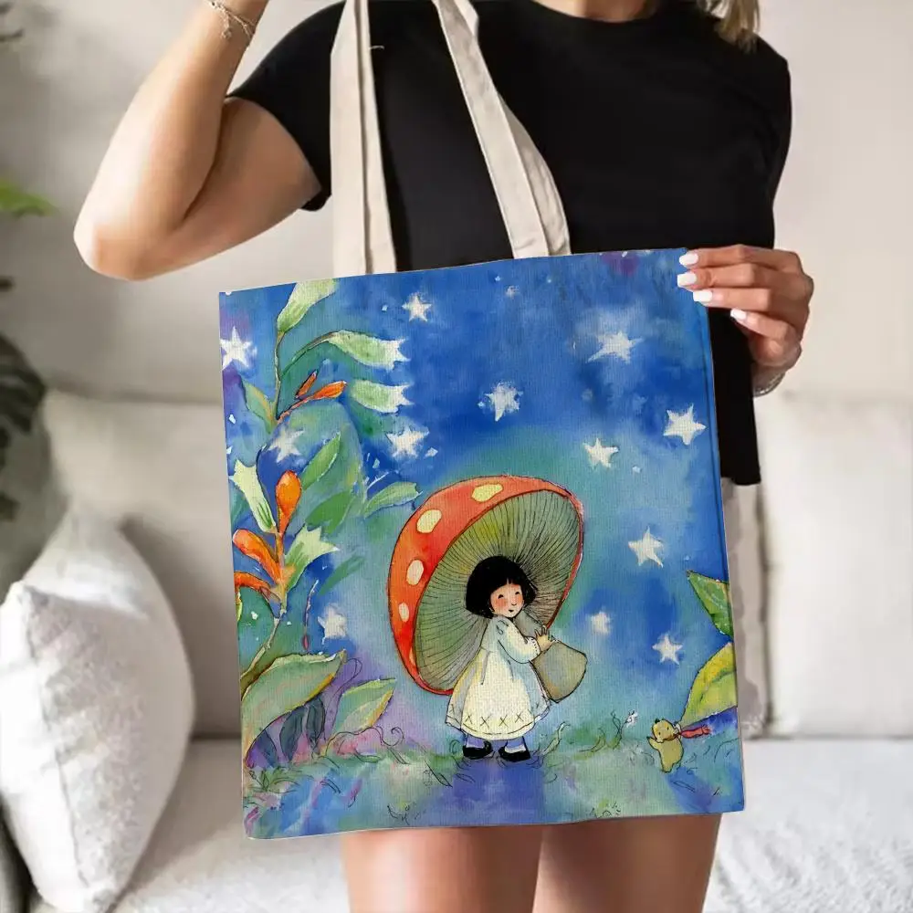Aquarell-Pilz-Cartoon-Aufbewahrungstaschen, Canvas-Tragetasche, doppelseitig bedruckt, modische Schulter-Einkaufstasche, Geschenk-Handtaschen