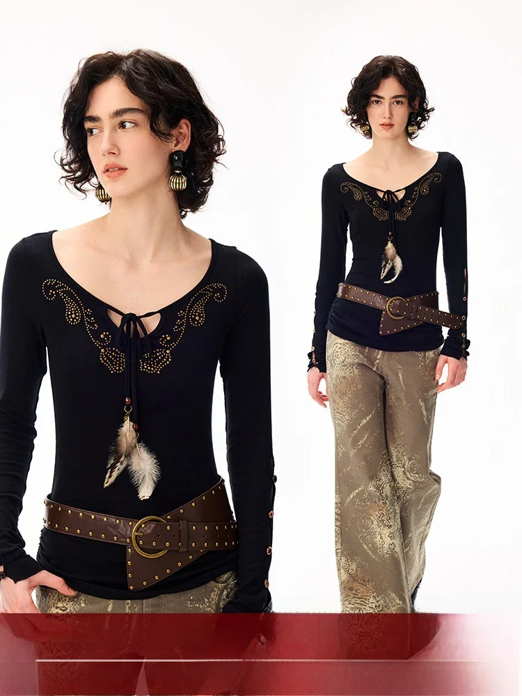 

BeerBro Art Rong Large V-Ne Knitted Base irt Feather Bead Pendant Wool Blend Long Sve Street Sle Women's Faion