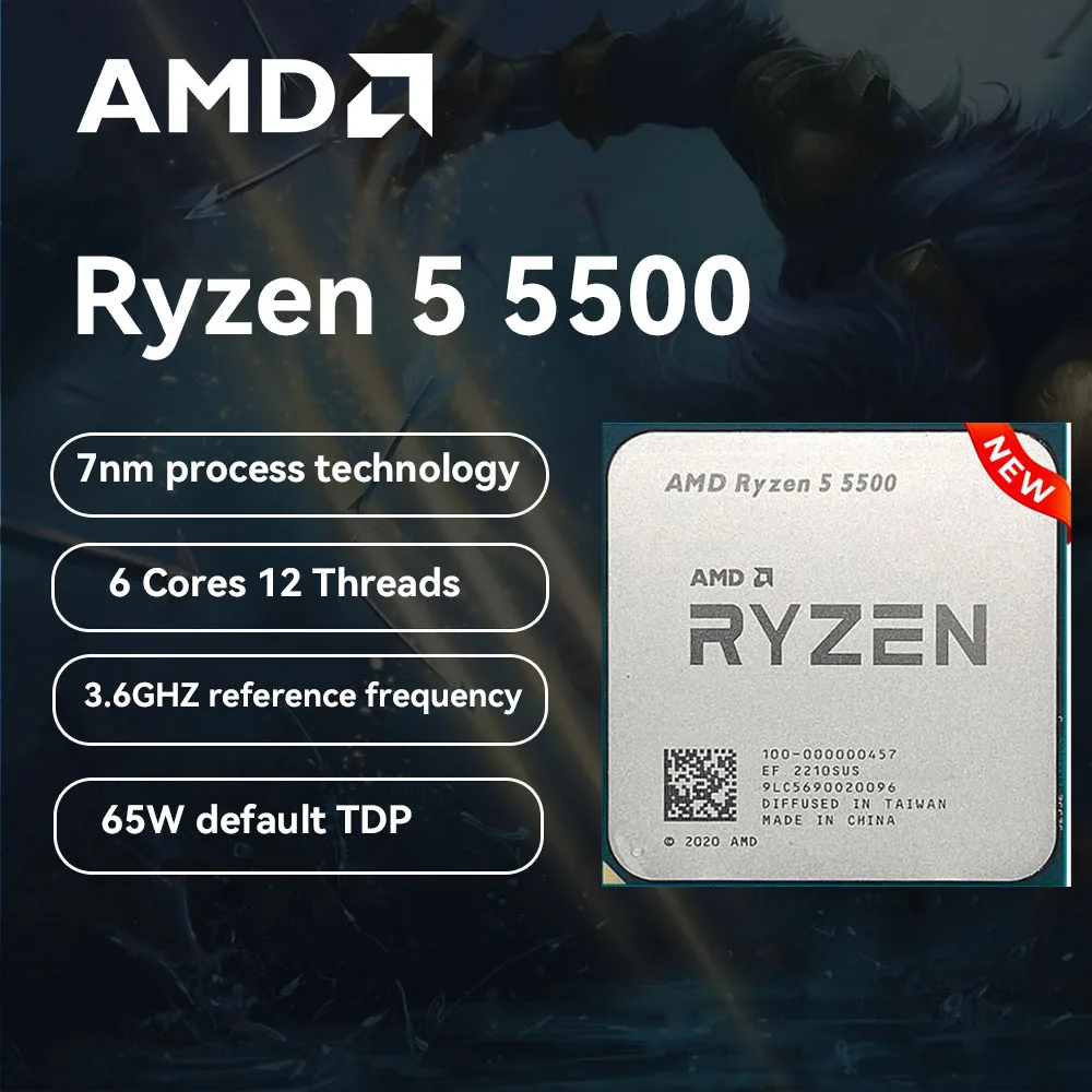 AMD New Ryzen 5 5500 CPU 3.6GHz 6-core 12-thread Am4 processor R5 5500 7NM 65W L3=16M For B450m B550m Motherboard Memories Kit