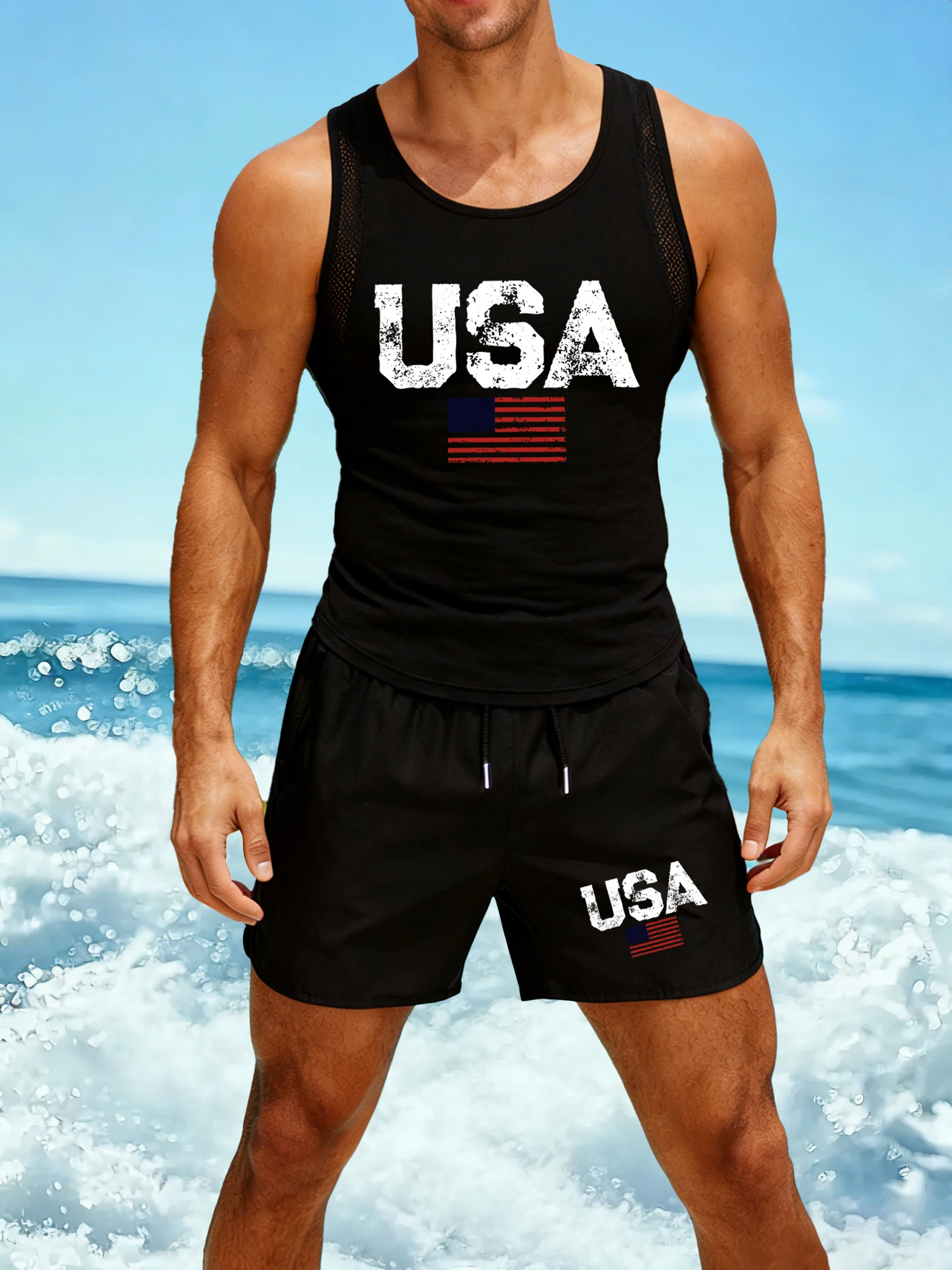 

Usa Letter American Flag Design Men Reticular Vests Set Fashion Drawstring Shorts Summer Sleeveless Tee Unisex Basics Sportsuit
