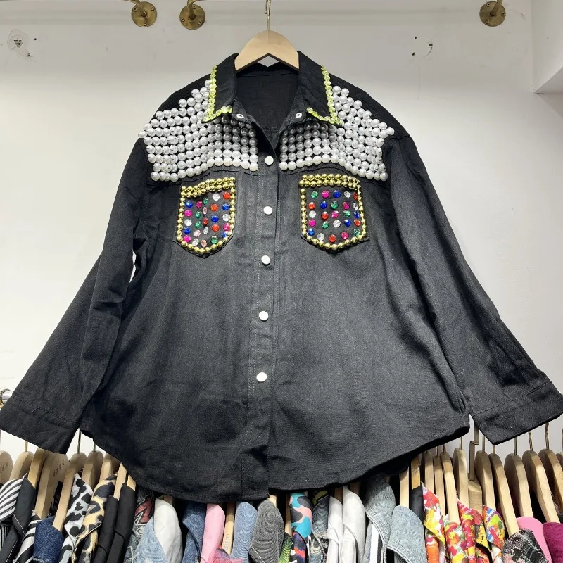 European Station 2025 Spring and Summer Heavy Industry Beaded Sequins Design Sense Loose Versatile Foreign Denim Shirt Women
