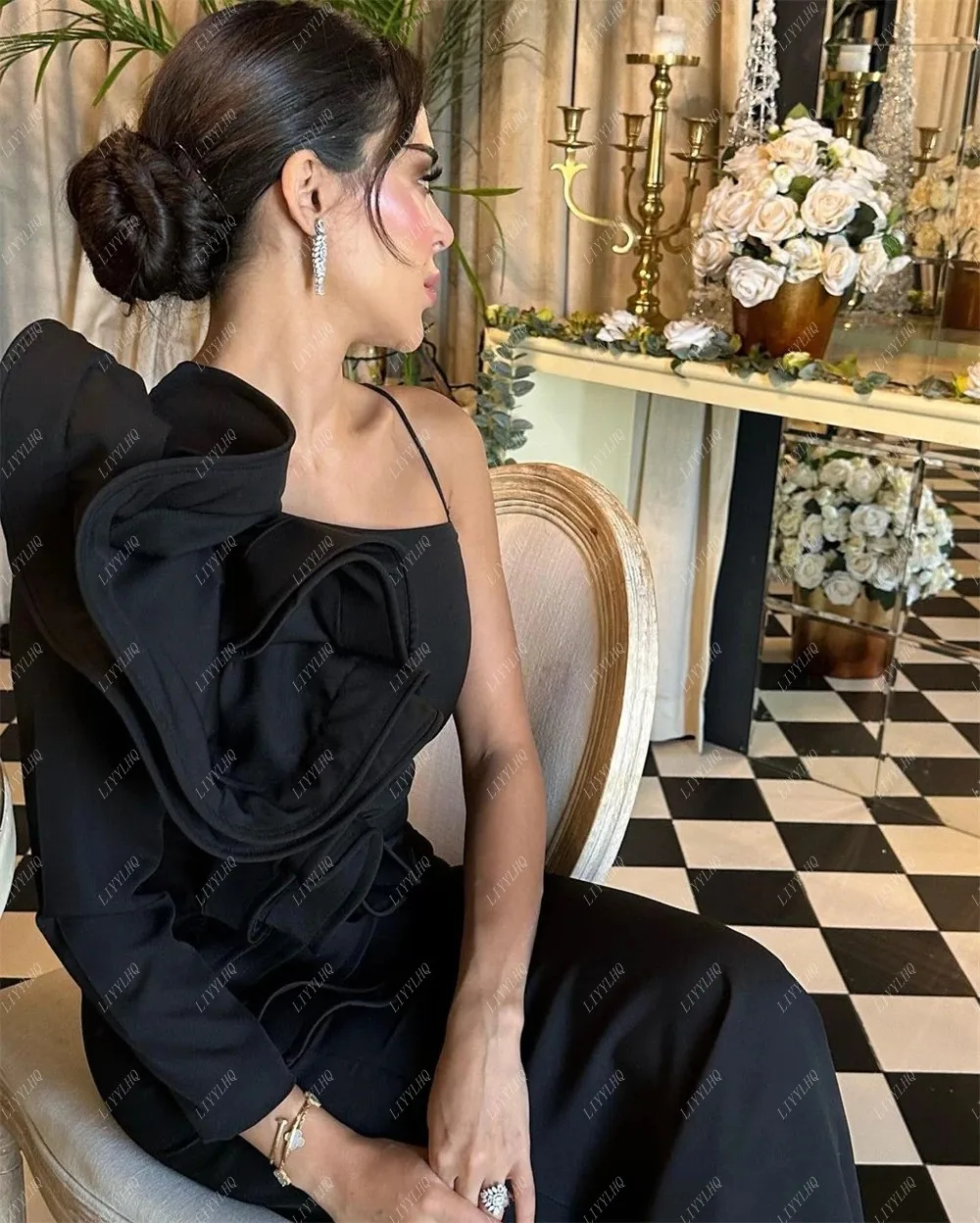 LIYYLHQ Elegant Black Long One Shoulder Mermaid Evening Dresses Formal Occasion Prom Party Dresses For Women 2024 Gowns NEW