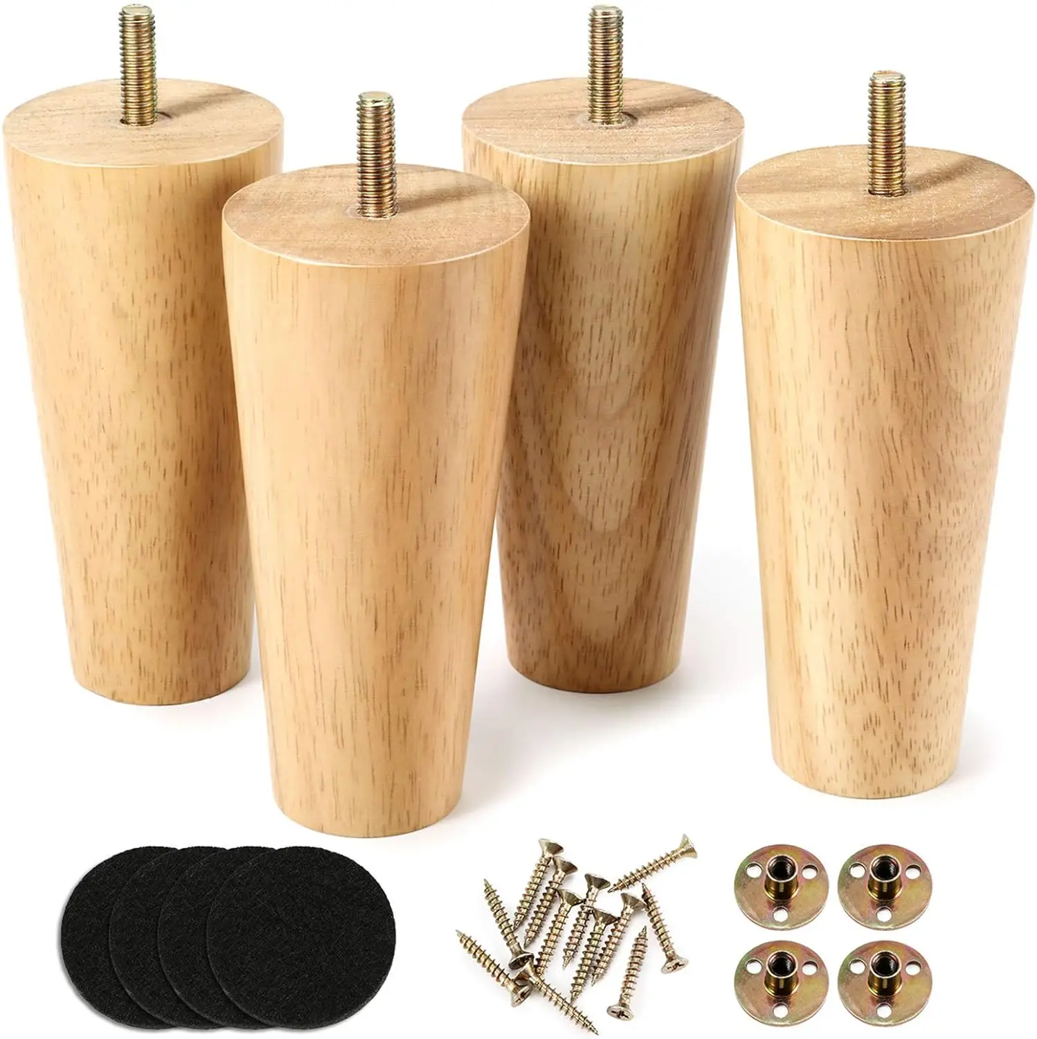 Patas de madera maciza para muebles, patas de reemplazo con tornillos de almohadilla de protección de goma, preperforados, para armario, mesa, silla, sofá de tocador