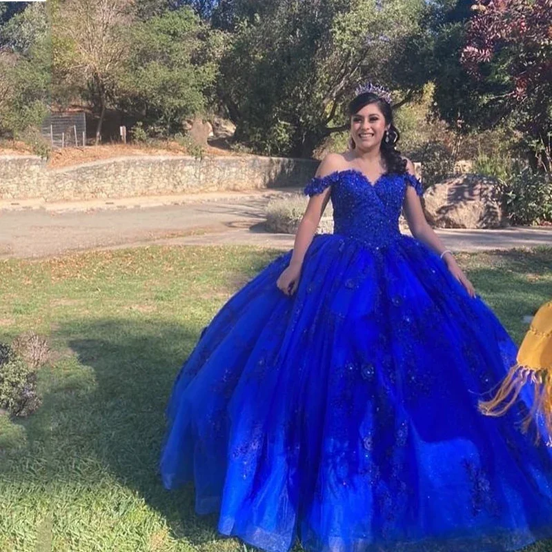 Angelsbridep azul real quinceanera vestidos de 15 anos 3d contas flor apliques princesa aniversário vestido de baile personalizado